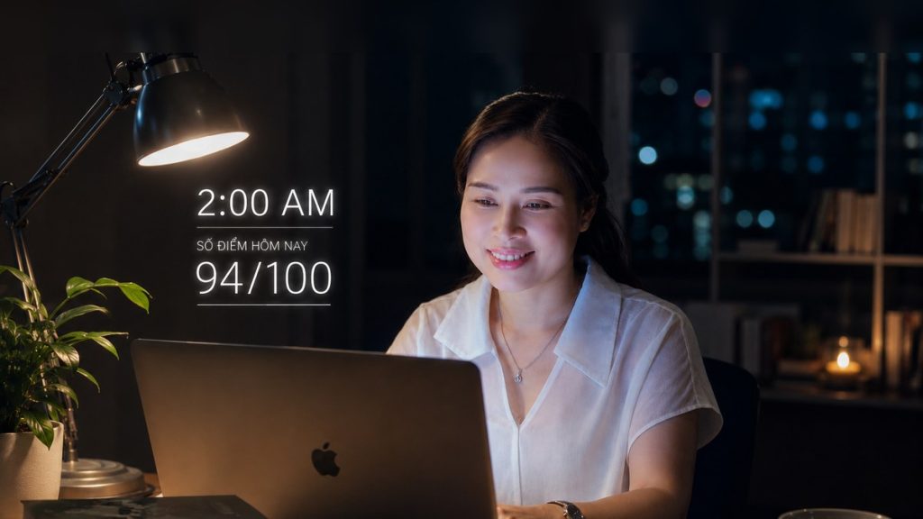 Nhà tâm lý Nguyễn Tú Oanh ngồi học bên laptop lúc 2 giờ sáng, màn hình hiện số điểm 94 trên 100