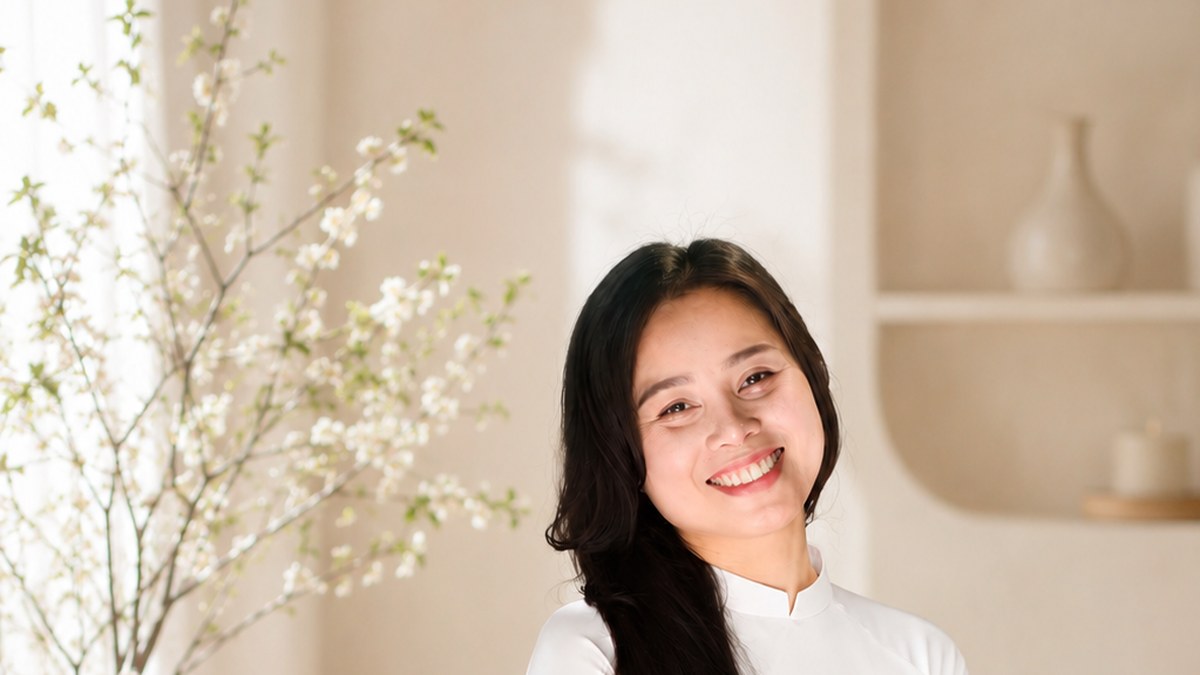 Nguyễn Tú Oanh trong tà áo dài trắng, phòng sáng