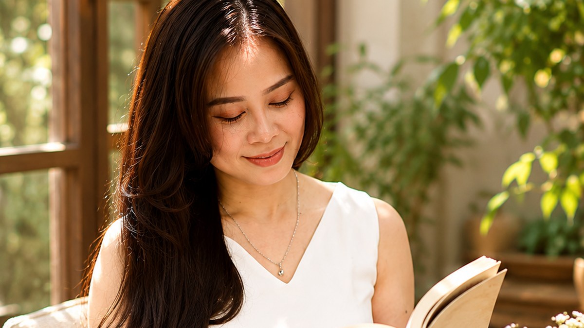 Nguyễn Tú Oanh ngồi đọc sách bên tách trà
