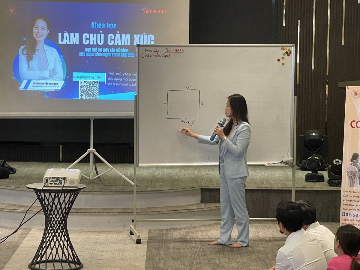 Nguyễn Tú Oanh đứng lớp bên màn chiếu, giảng về làm chủ cảm xúc