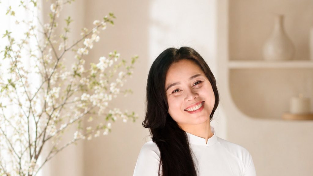 Nhà tâm lý Nguyễn Tú Oanh mặc áo dài trắng trong phòng sáng, chủ đề hành trình từ nhút nhát đến làm nghề tâm lý