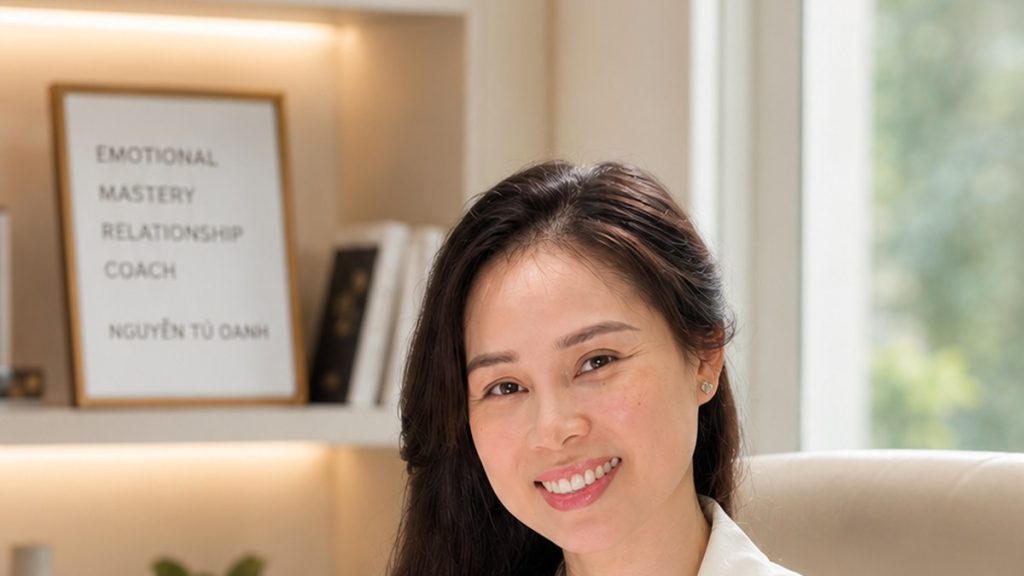 Nhà tâm lý Nguyễn Tú Oanh ngồi bên bàn viết trong phòng làm việc, chủ đề vì sao ý chí thất bại